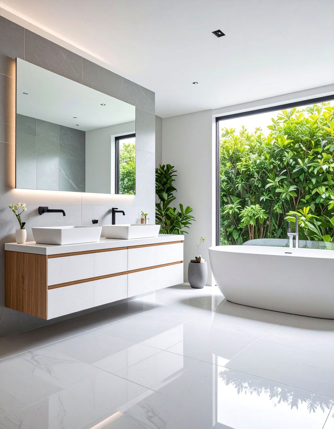 Large Format Grey Tile with White Grout Lines - 25 Grey and White Bathroom Ideas