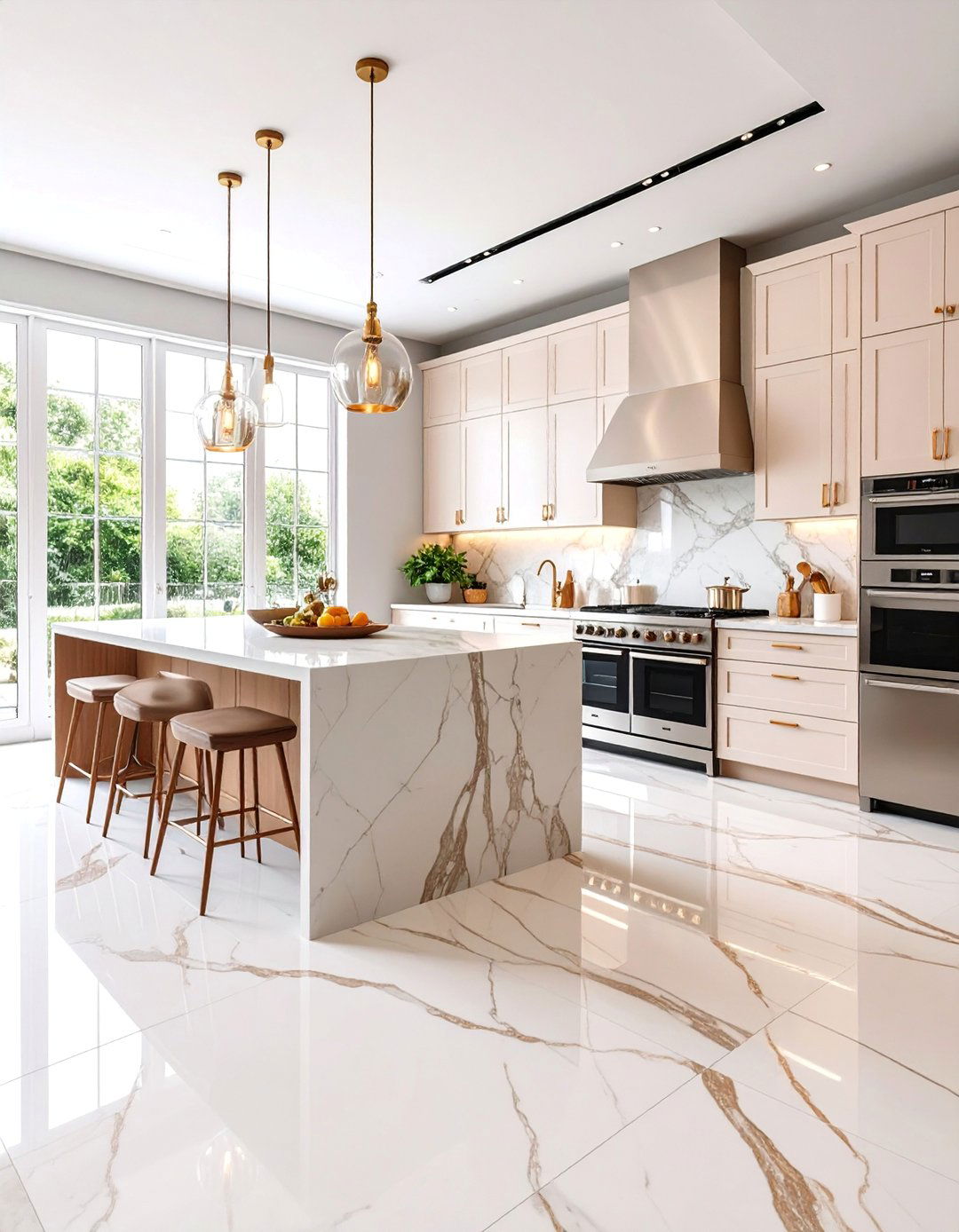 Large Format Marble Look Porcelain Kitchen Tiles - 25 Kitchen Floor Tile Ideas