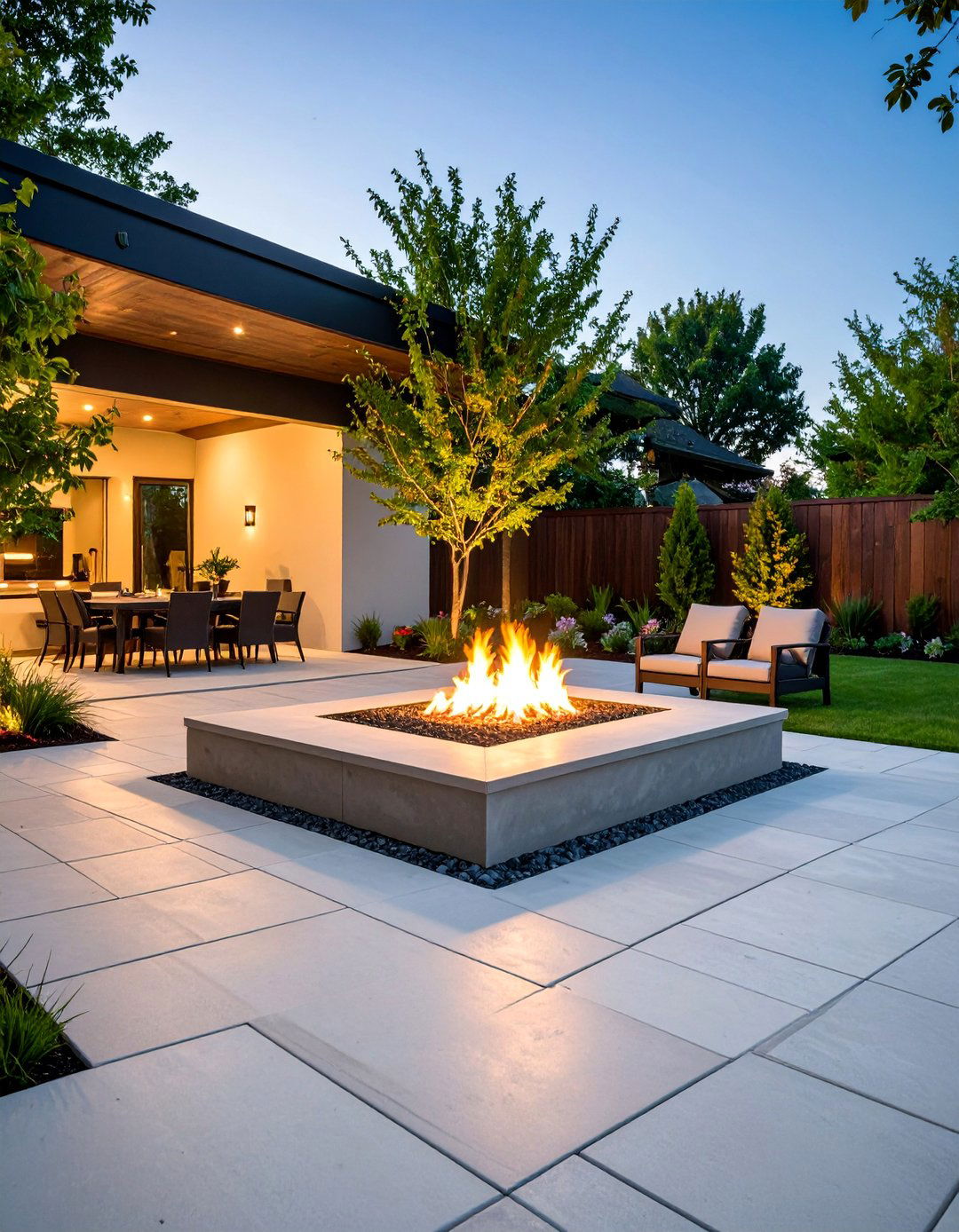 Large Format Paver Patio with Corner Fire Feature - 25 Concrete Paver Patio Fire Pit Ideas