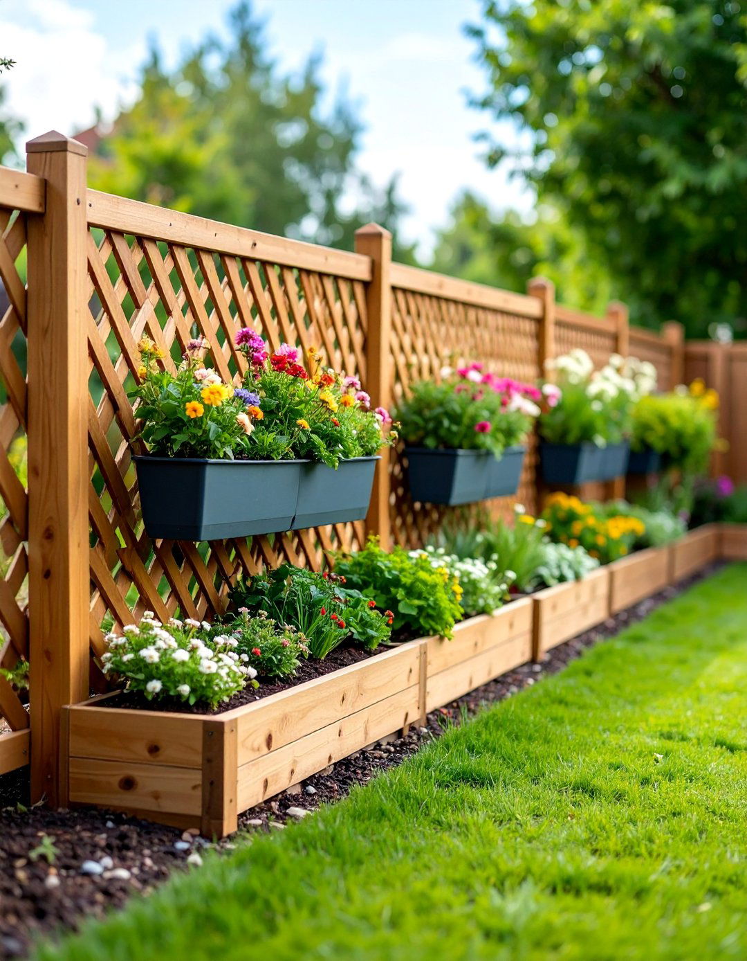 Lattice Panel Fence with Integrated Planter Boxes - 25 Cheap Privacy Fence Ideas