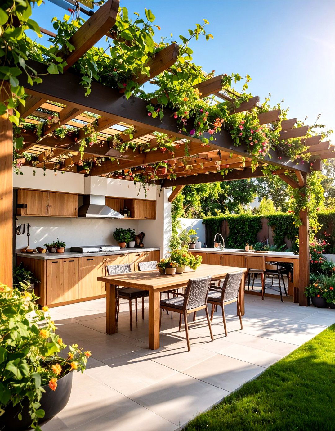 Lattice Top Pergola with Climbing Plant Integration - 25 Outdoor Kitchen Roof Ideas