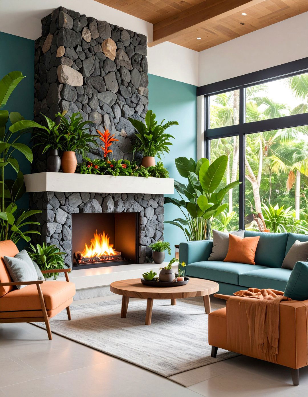 Lava Stone Fireplace with Tropical Modern Design - 25 Floor to Ceiling Stone Fireplace Ideas