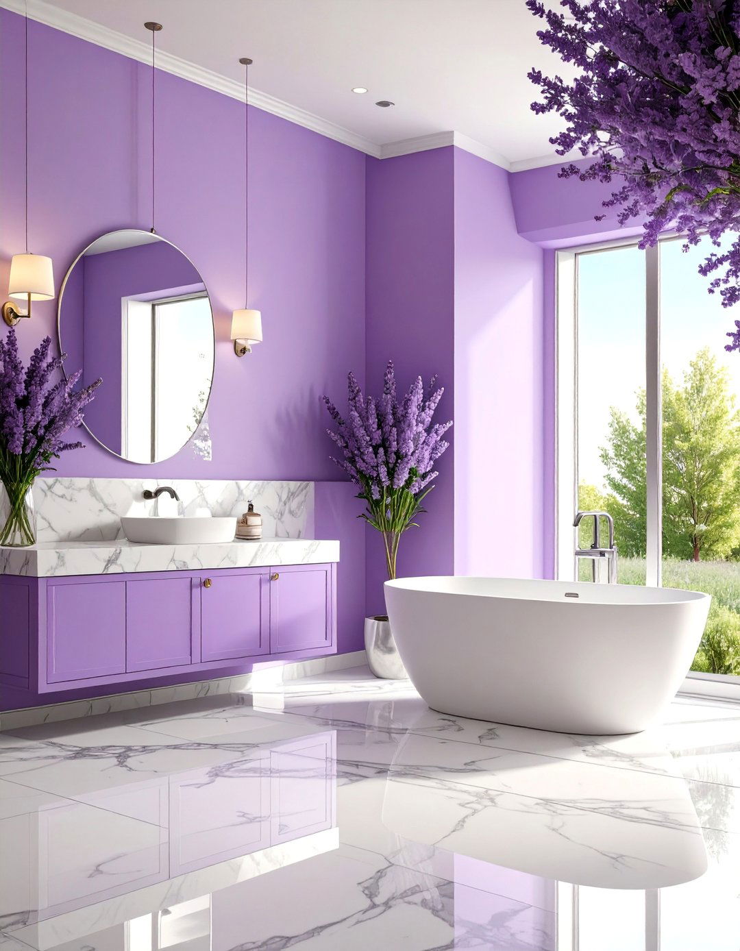 Lavender Bathroom with White Marble Details - 25 Pastel Colour Ideas for Your Home