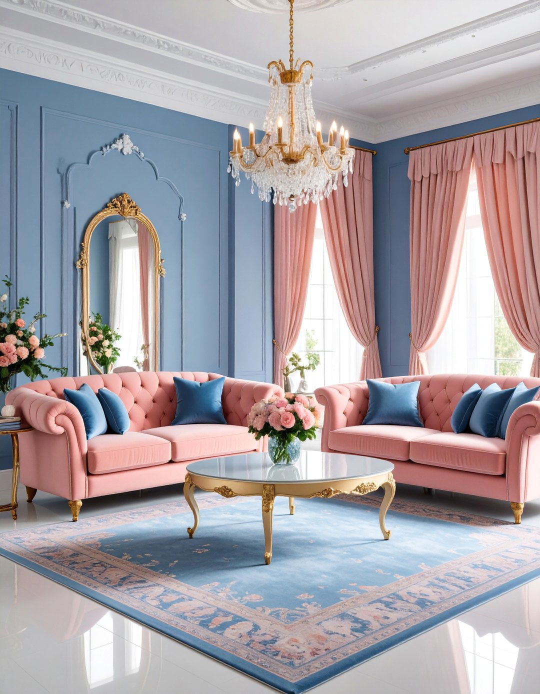 Lavender Blue Walls with Salmon Pink Furniture - 25 Pink and Blue Living Room Ideas