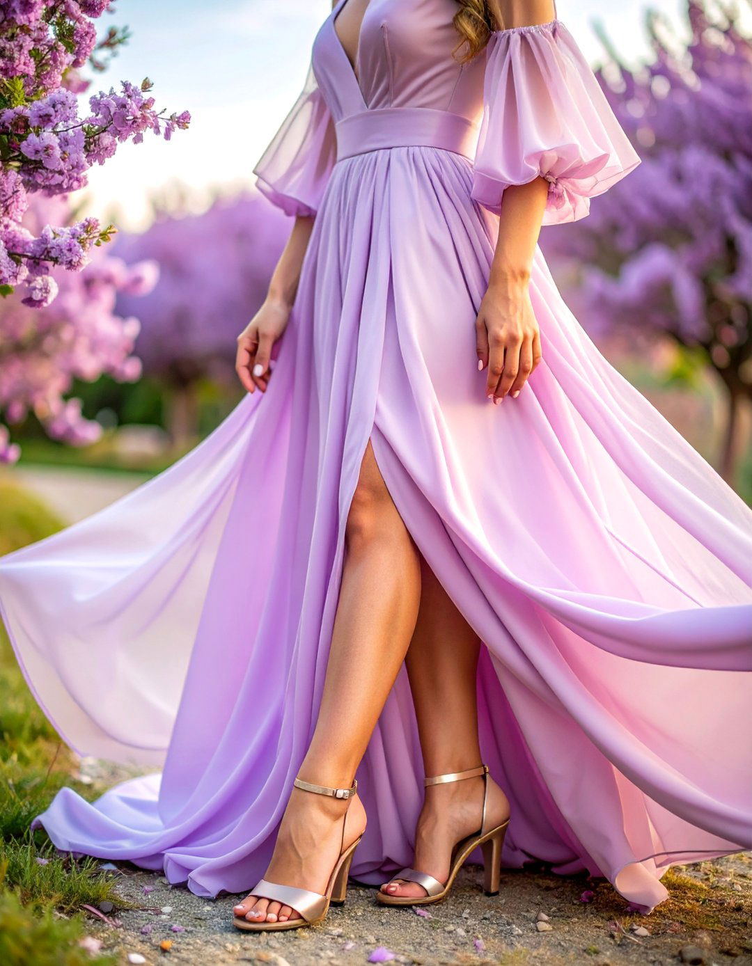 Lavender Chiffon Maxi with Flutter Sleeves - 25 Guest Wedding Outfit Ideas