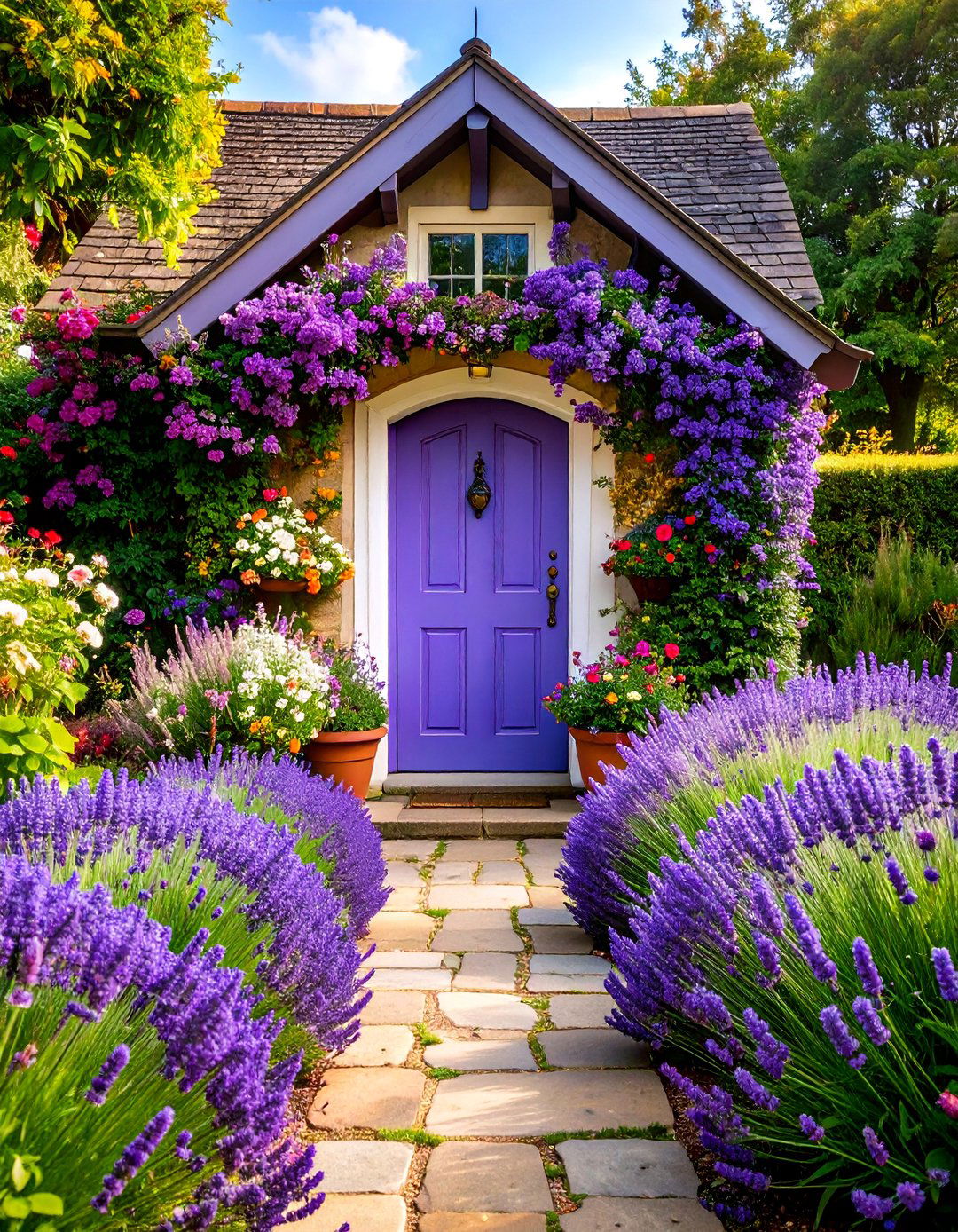 Lavender Door with Cottage Garden Profusion - 25 Lavender Front Door Ideas