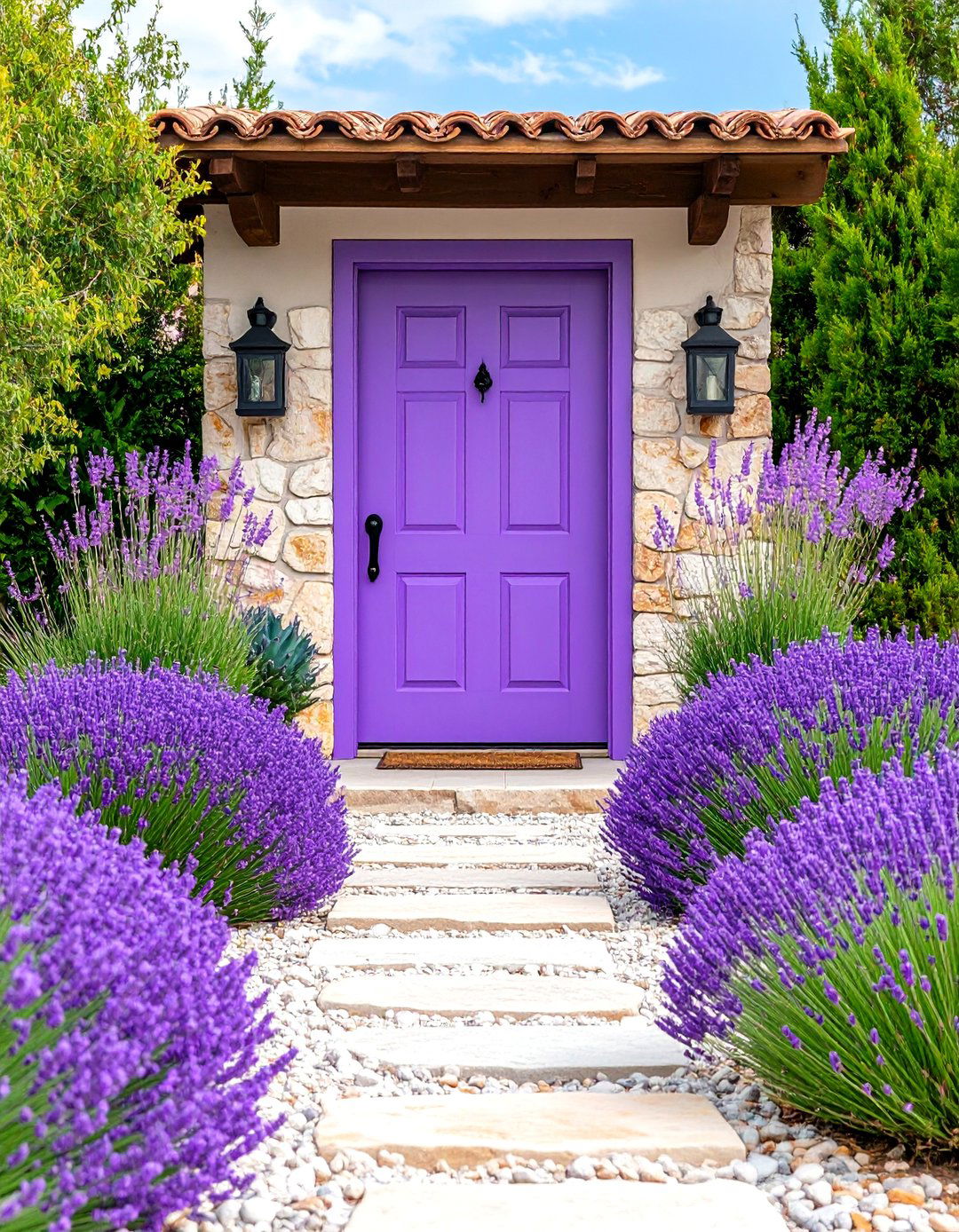 Lavender Door with Drought Tolerant Landscaping - 25 Lavender Front Door Ideas
