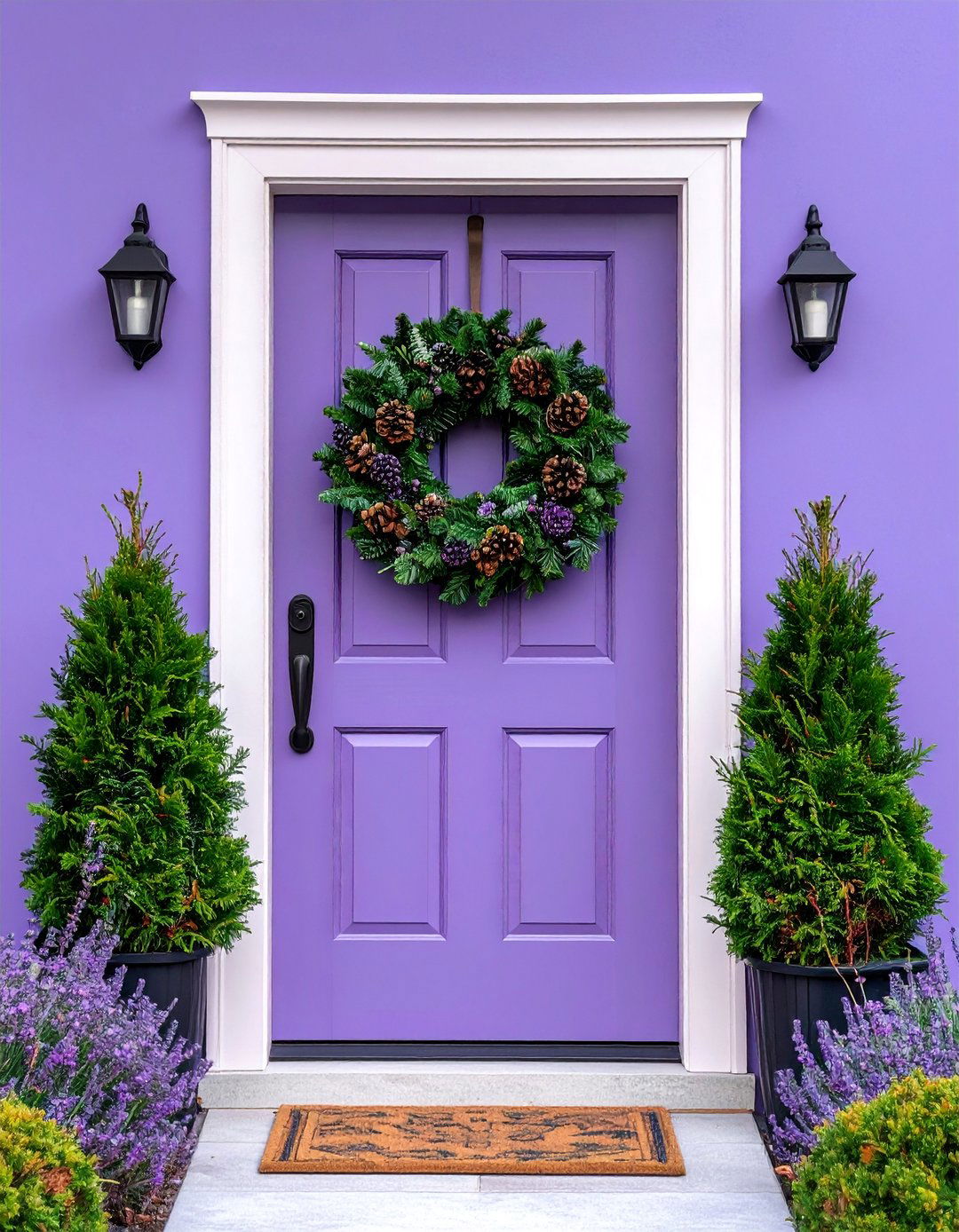 Lavender Door with Seasonal Wreath Displays - 25 Lavender Front Door Ideas