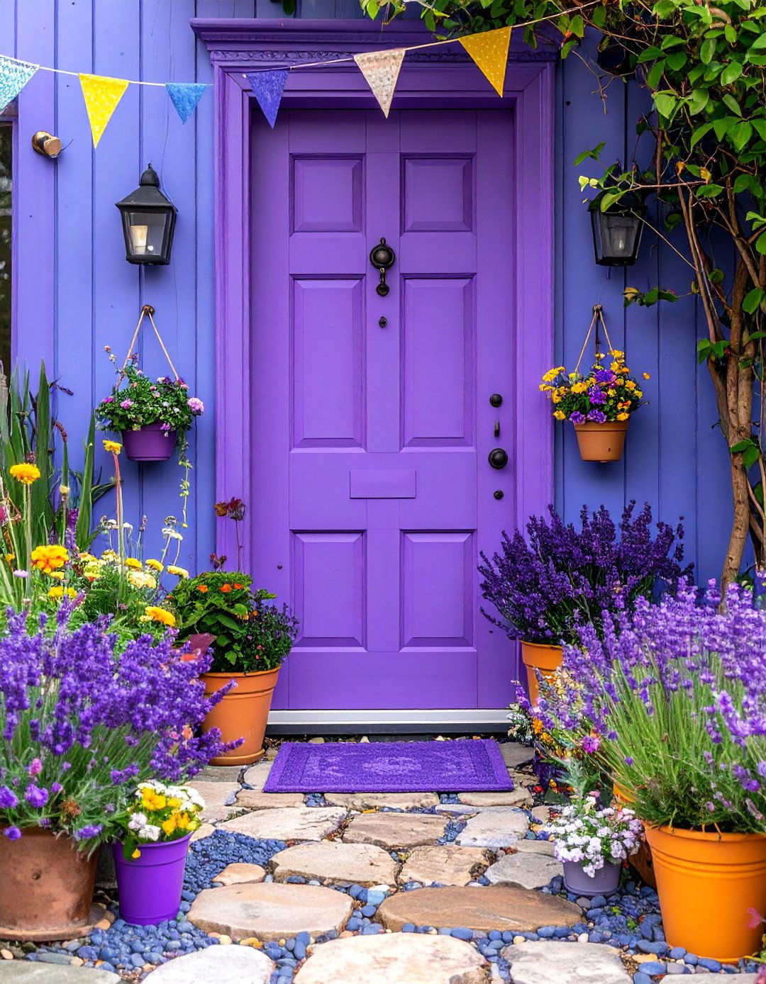 Lavender Door with Whimsical Garden Accessories - 25 Lavender Front Door Ideas