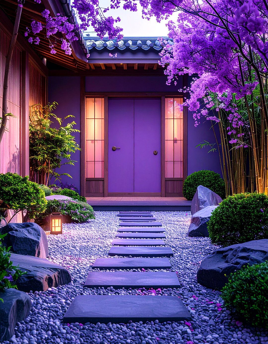 Lavender Door with Zen Garden Elements - 25 Lavender Front Door Ideas
