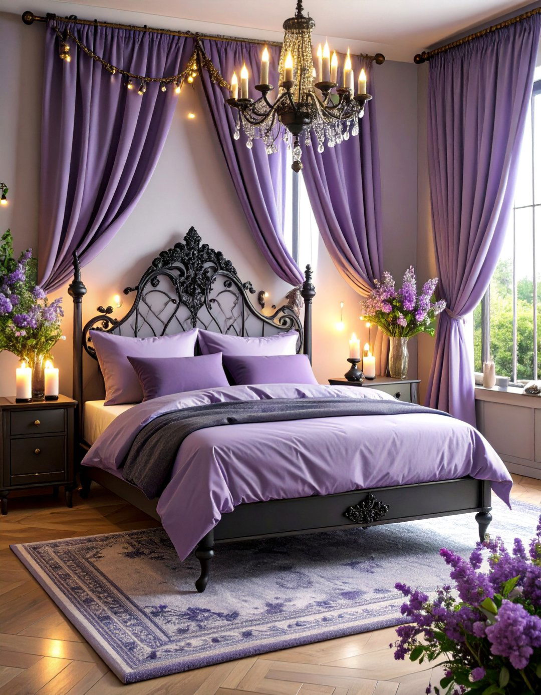 Lavender Dreams with Black Lace Accents - 25 pastel goth bedroom ideas