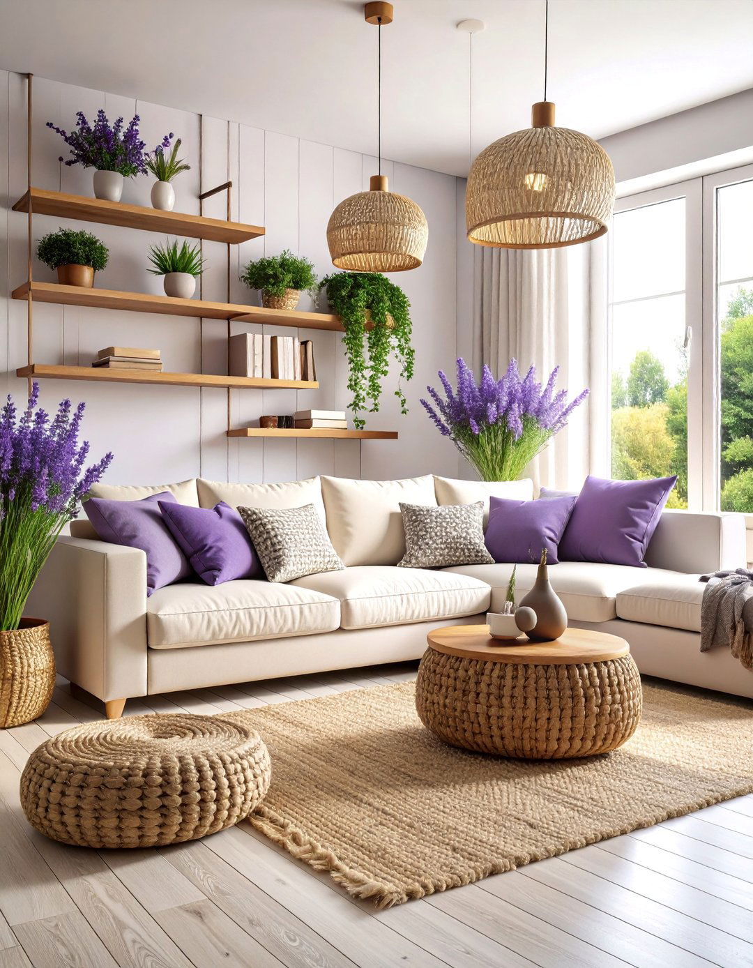 Lavender Minimalist Living Room with Natural Wood Accents - 25 Purple Living Room Ideas