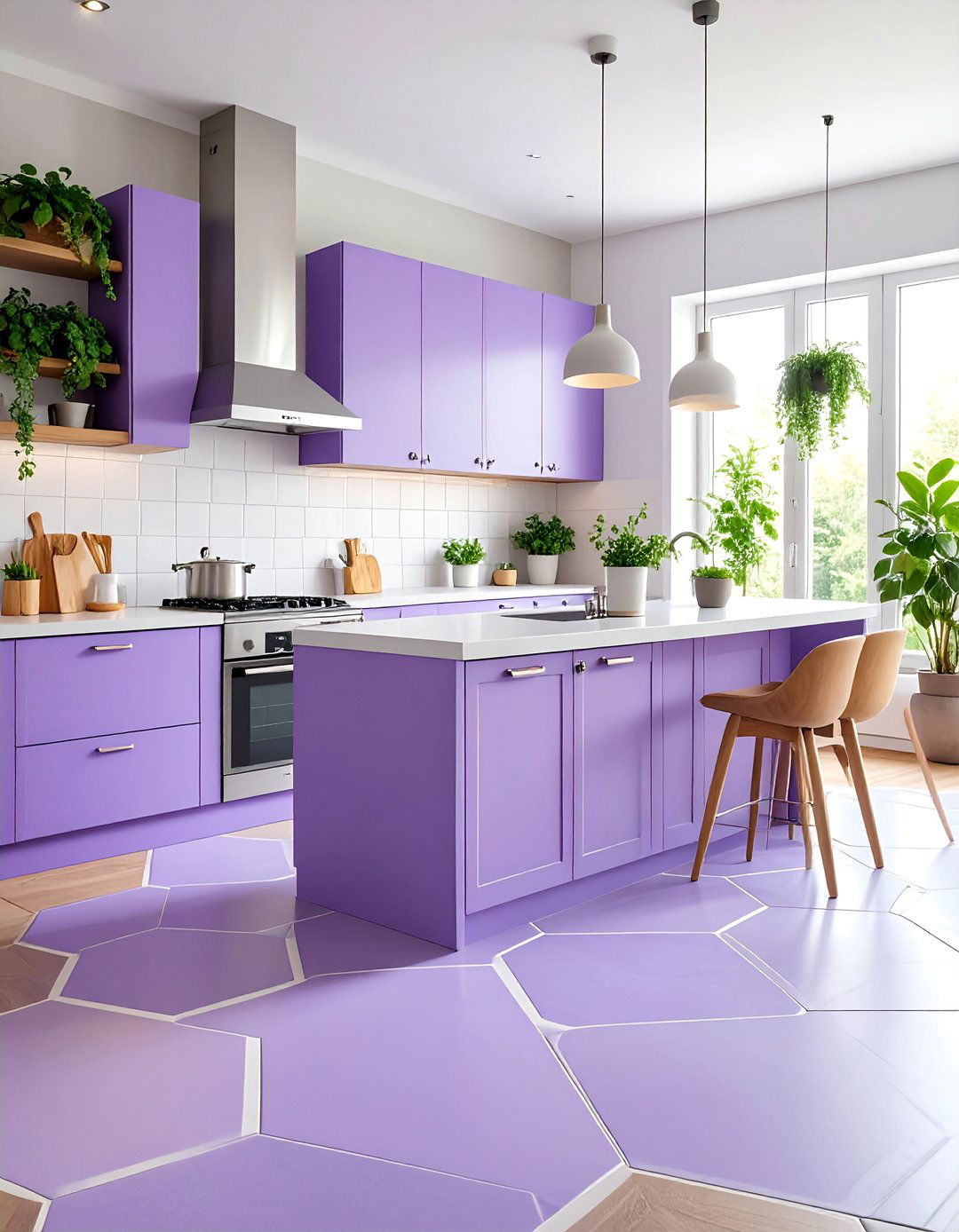 Lavender Purple Hexagonal Tiles with White Grout Lines - 25 Linoleum Kitchen Flooring Ideas