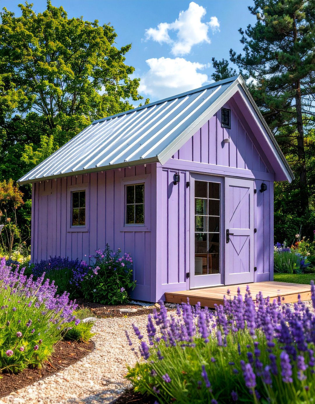 Lavender Purple Shed with Silver Roofing - 25 Shed Color Ideas