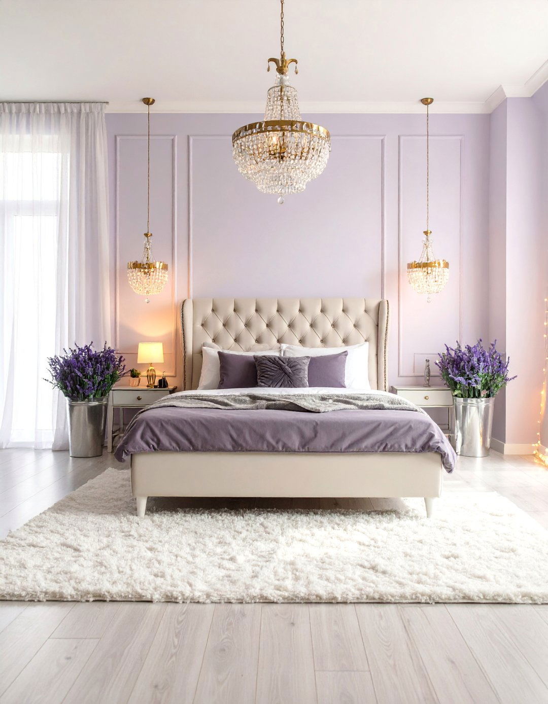 Lavender and Silver Bedroom with Ethereal Lighting - 25 Colorful Boho Bedroom Ideas