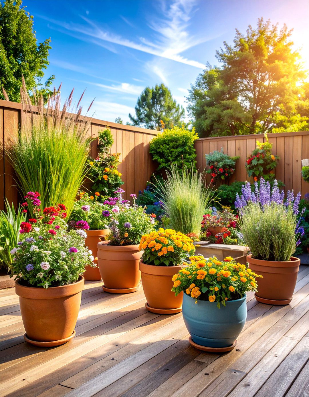 Layered Container Garden with Mixed Plantings - 25 Patio Small Garden Ideas