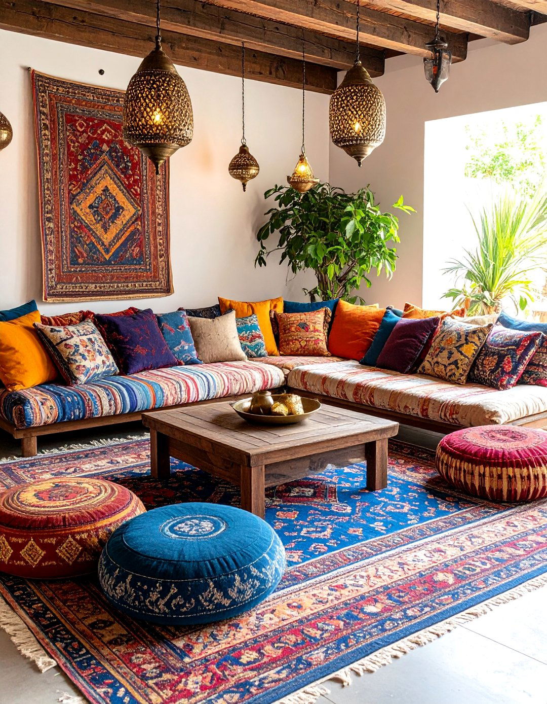 Layered Floor Cushion Lounge with Global Textiles - 25 Colorful Boho Decor Ideas
