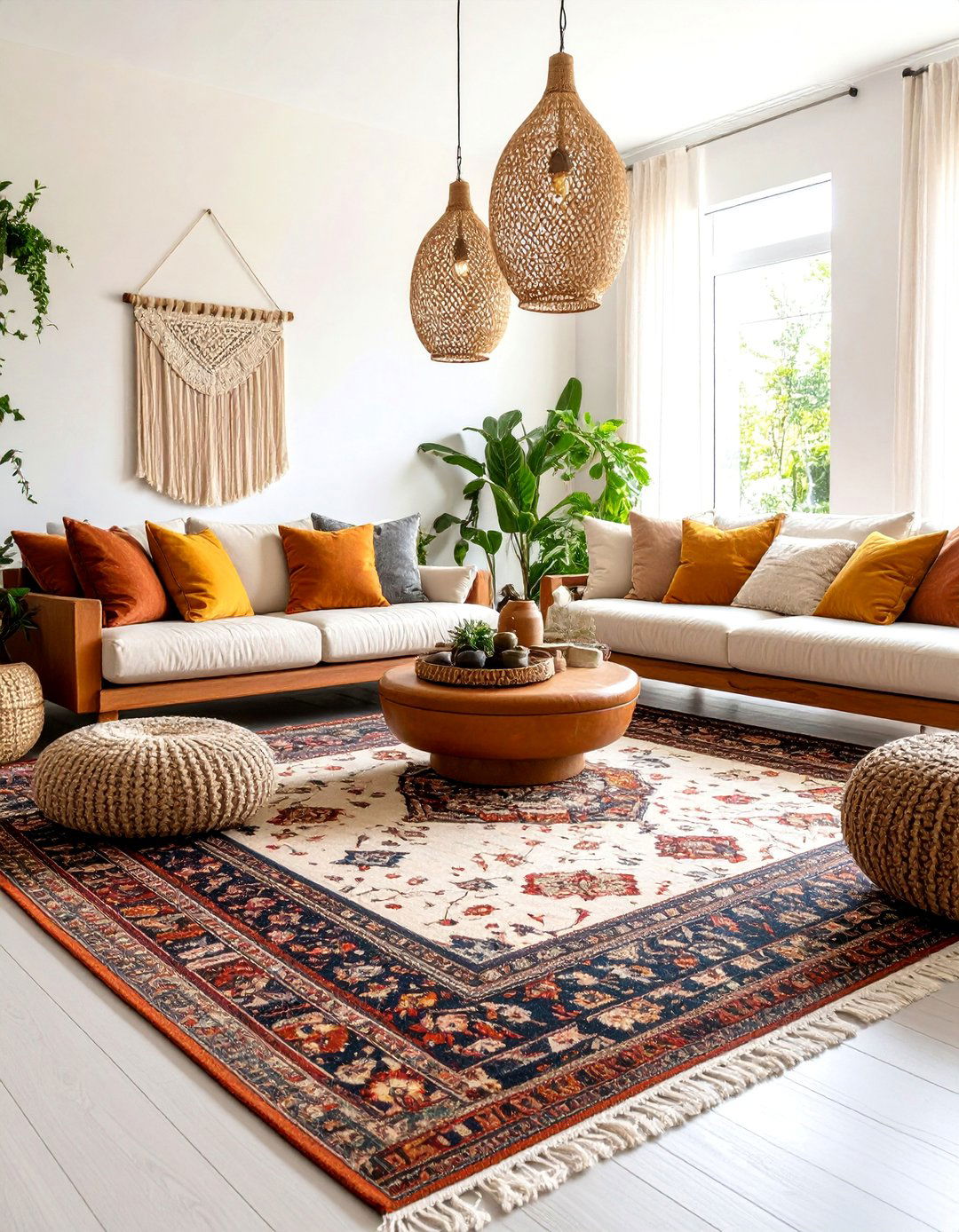 Layered Living Room with Vintage Persian Rugs - 25 Boho Decor Ideas