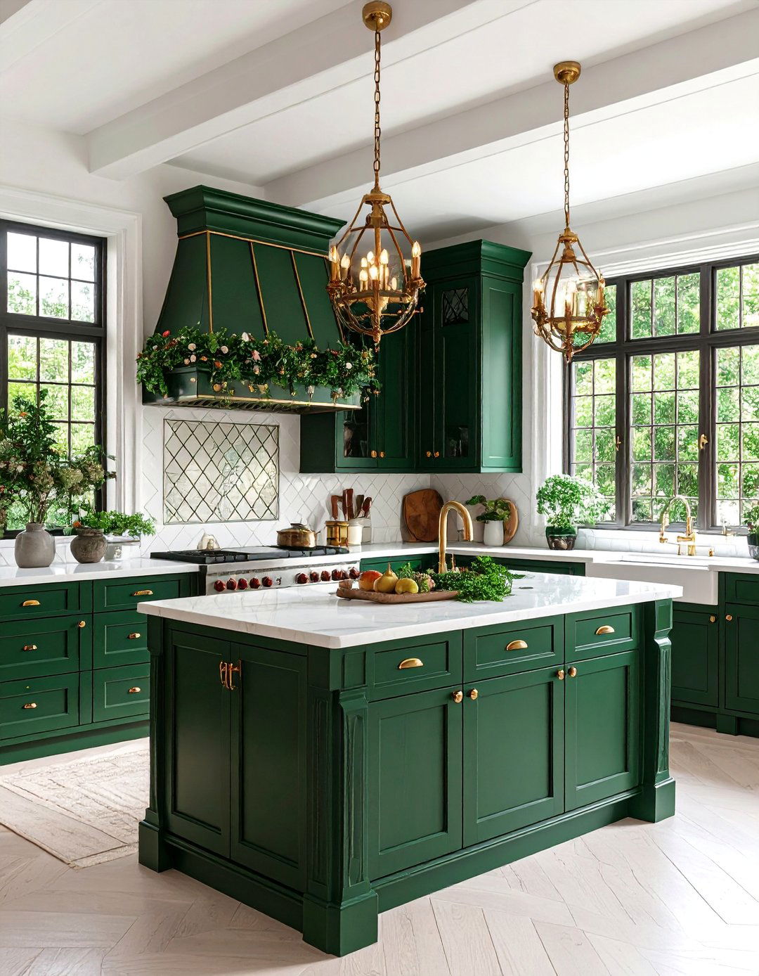 Leaded Glass Cabinet Kitchen with Diamond Window Patterns - 25 Tudor Kitchen Ideas