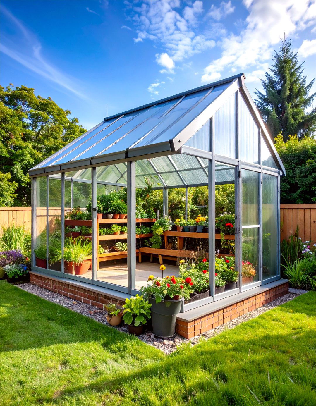 Lean To Corner Greenhouse with Brick Foundation - 25 Corner Greenhouse Ideas