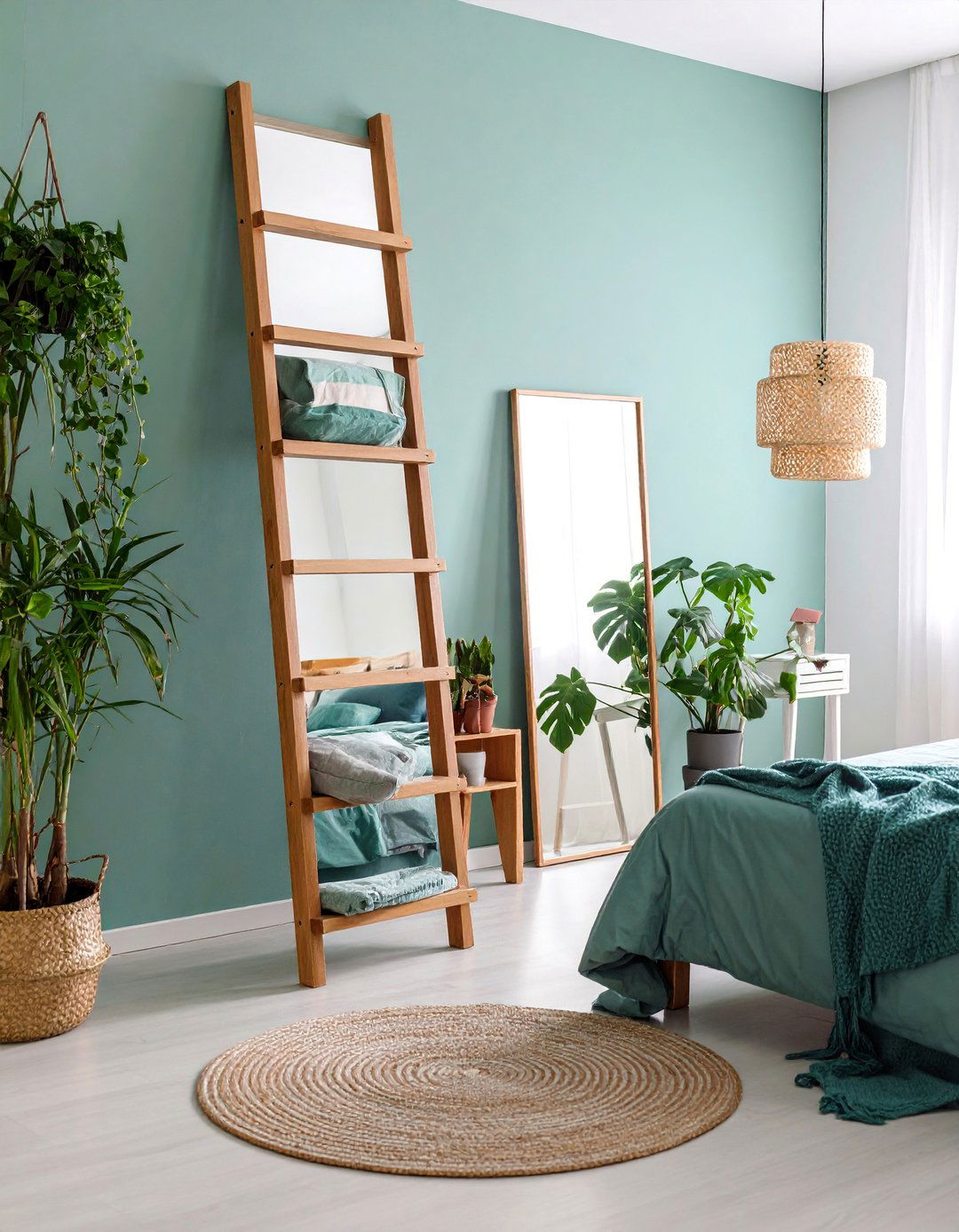 Leaning Ladder Mirror with Multiple Reflective Surfaces - 25 Bedroom Mirror Ideas