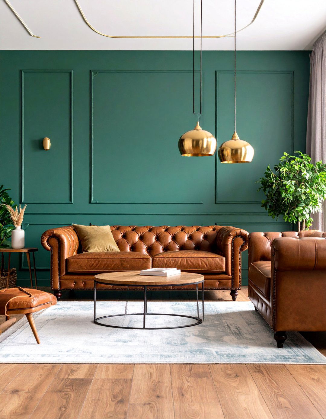 Leather Accent Pieces with Sage Green Walls - 25 Rustic Sage Green Living Room Ideas