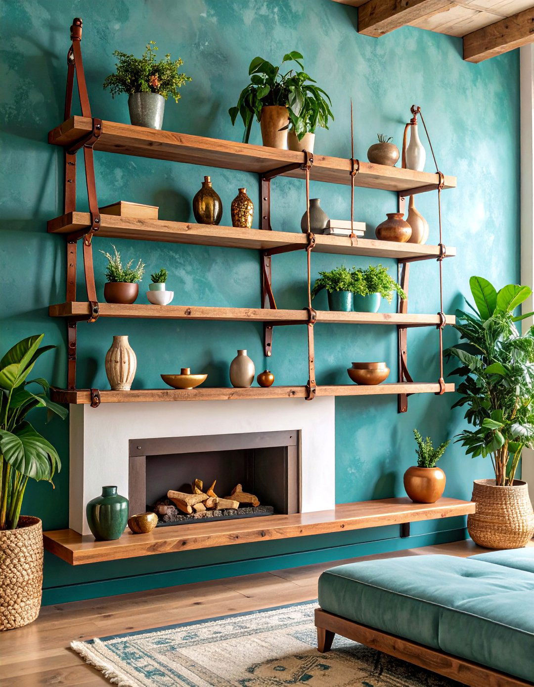 Leather Strap Suspended Floating Shelves - 25 Fireplace Floating Shelves Design Ideas