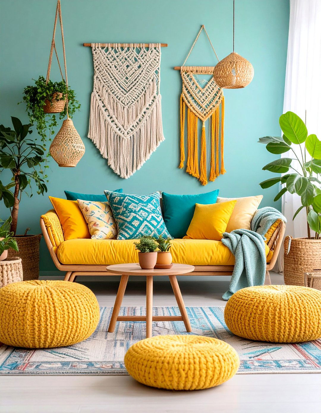 Lemon Yellow and Teal Bohemian Living Room - 25 Yellow Living Room Ideas