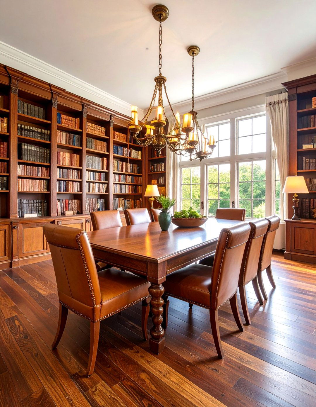 Library Inspired Dark Wood Floor Dining Room with Built In Bookshelves - 25 dark wood floor dining room ideas