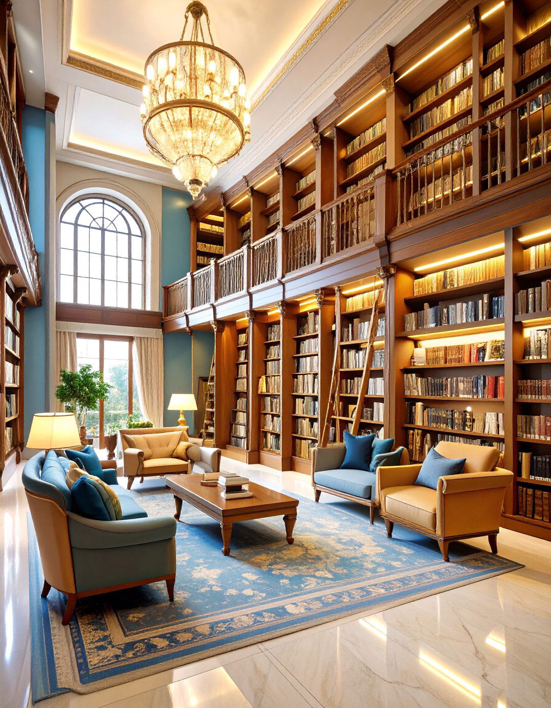 Library with Built in Ladder and Upper Level Access - 25 Home Library Ideas