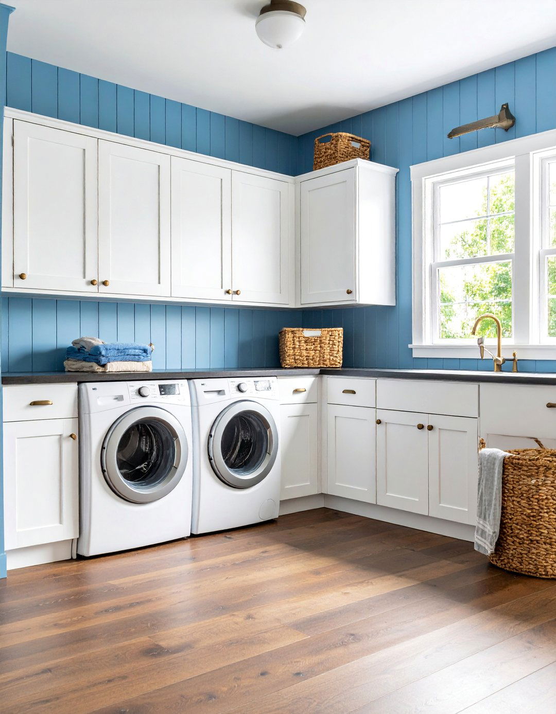 Light Blue Beadboard Walls with Dark Wood Counters - 25 Blue Laundry Room Ideas