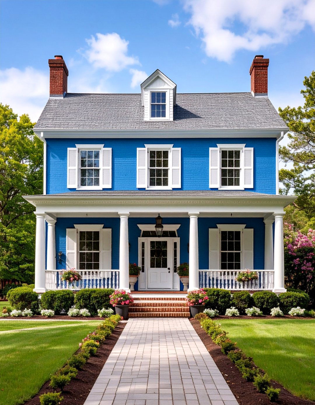 Light Blue Brick Colonial with White Accents - 25 light blue house exterior ideas