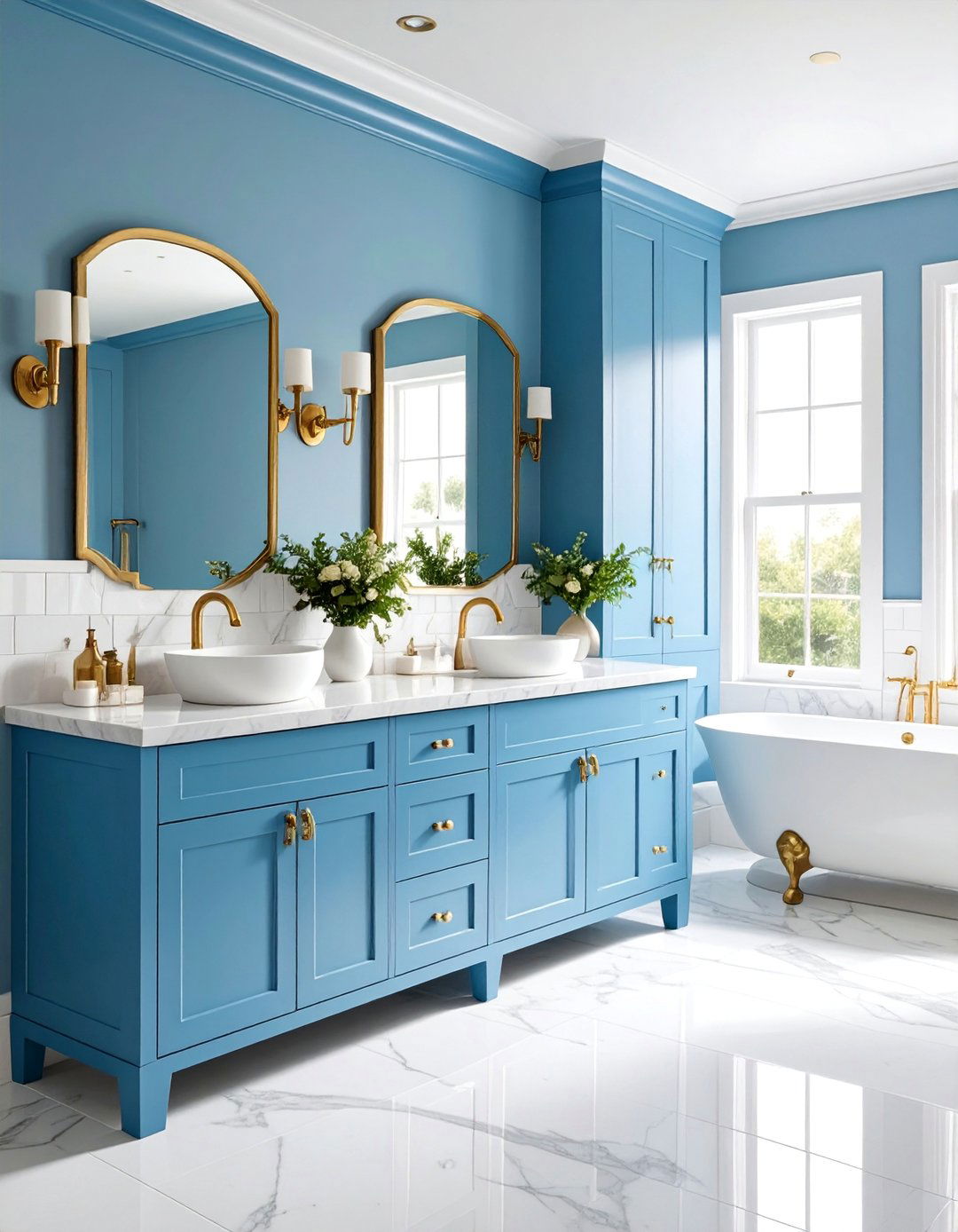 Light Blue Cabinet with Brass Hardware - 25 Blue and White Bathroom Ideas