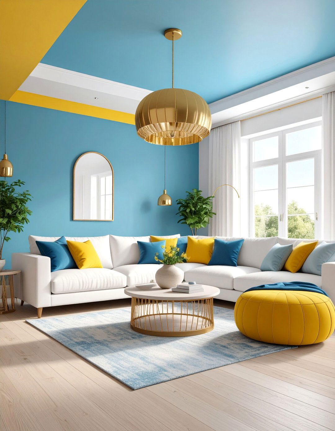 Light Blue Ceiling with Yellow Wall Accents - 25 Yellow and Blue Living Room Ideas