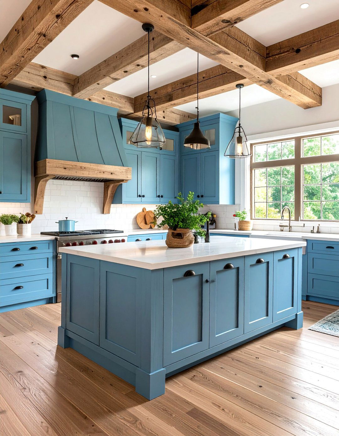 Light Blue Farmhouse Kitchen with Wood Beams - 25 Blue Kitchen Ideas