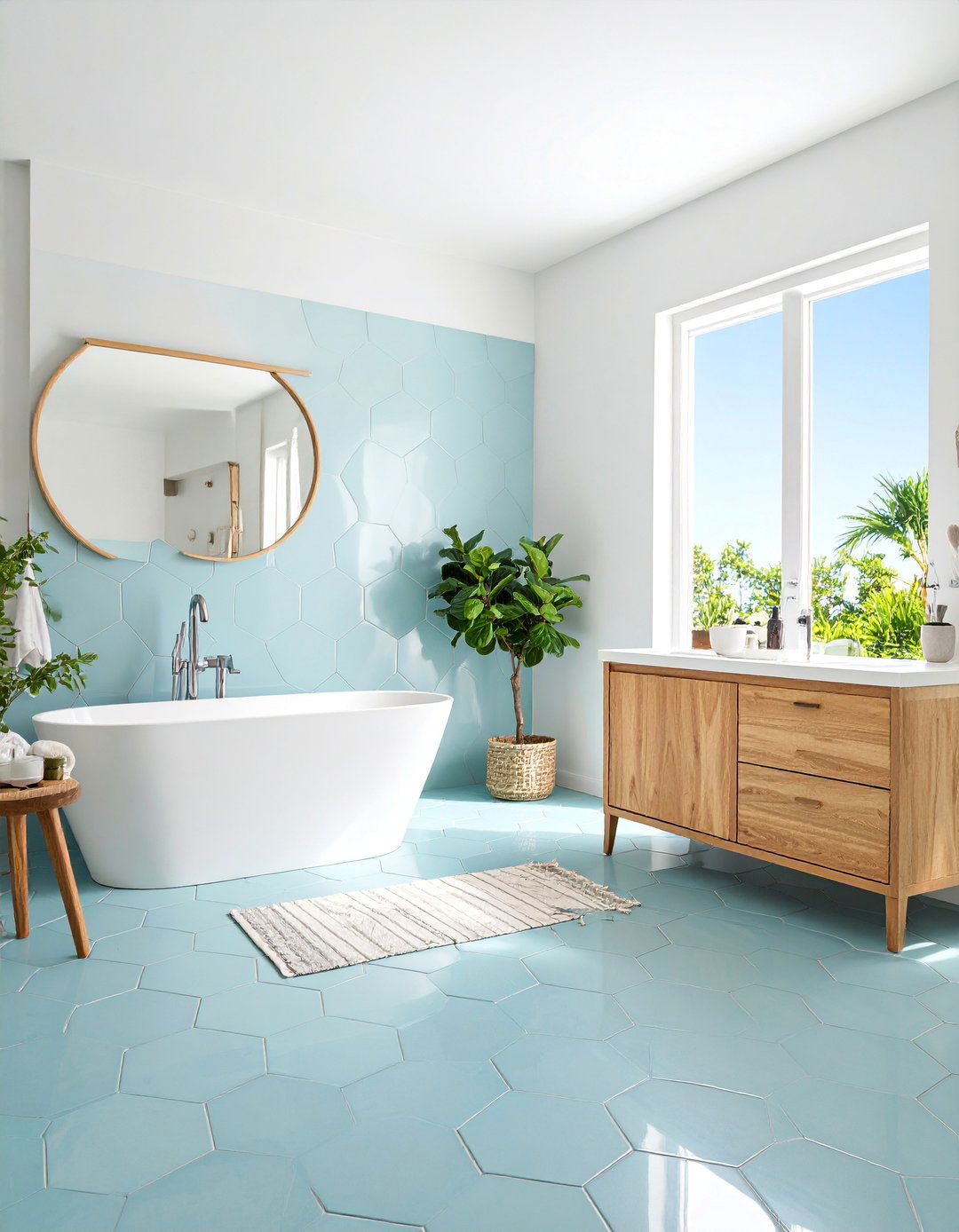 Light Blue Hexagon Floor Patterns - 25 Blue Tile Bathroom Ideas