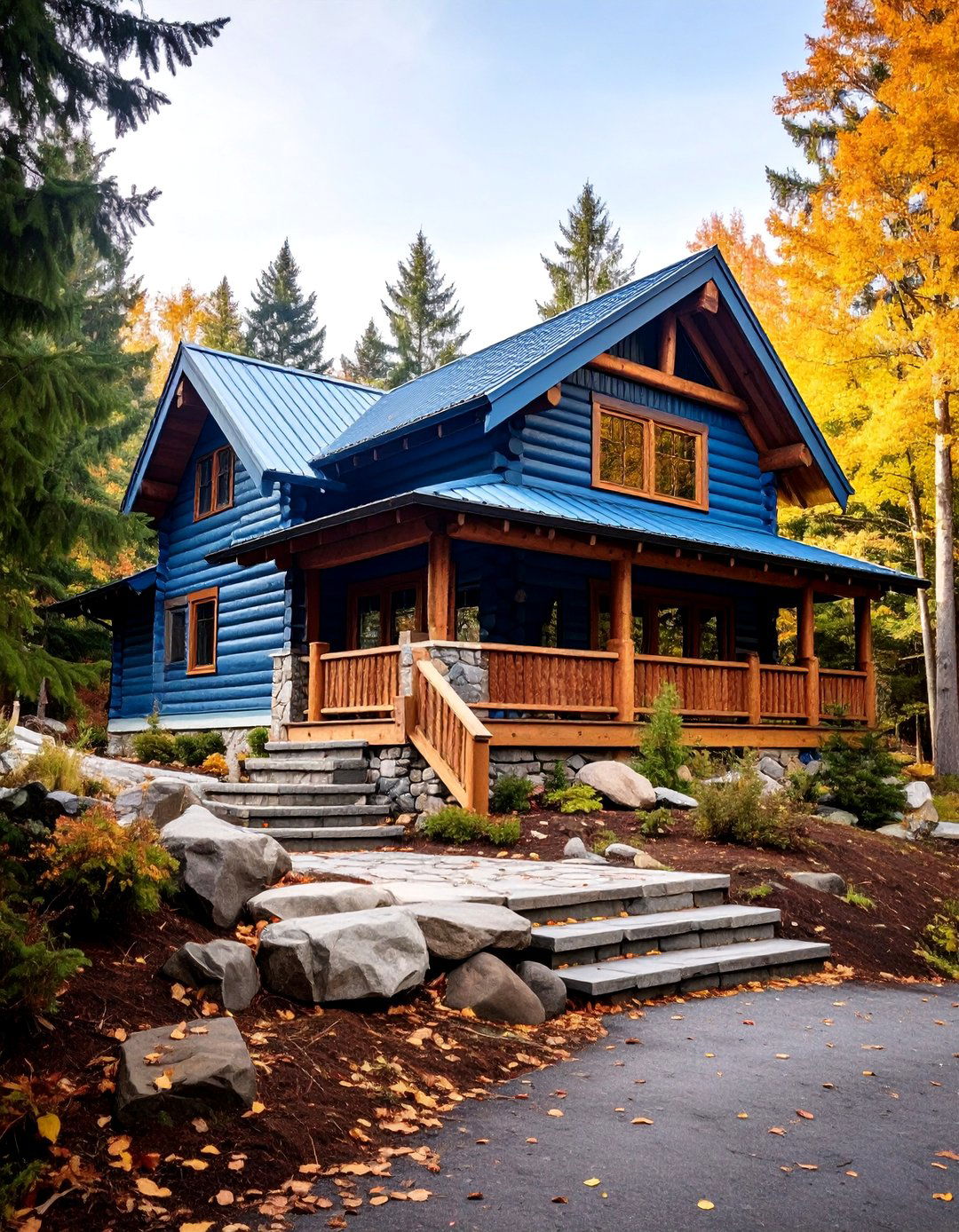 Light Blue Log Home with Chinking Accents - 25 light blue house exterior ideas