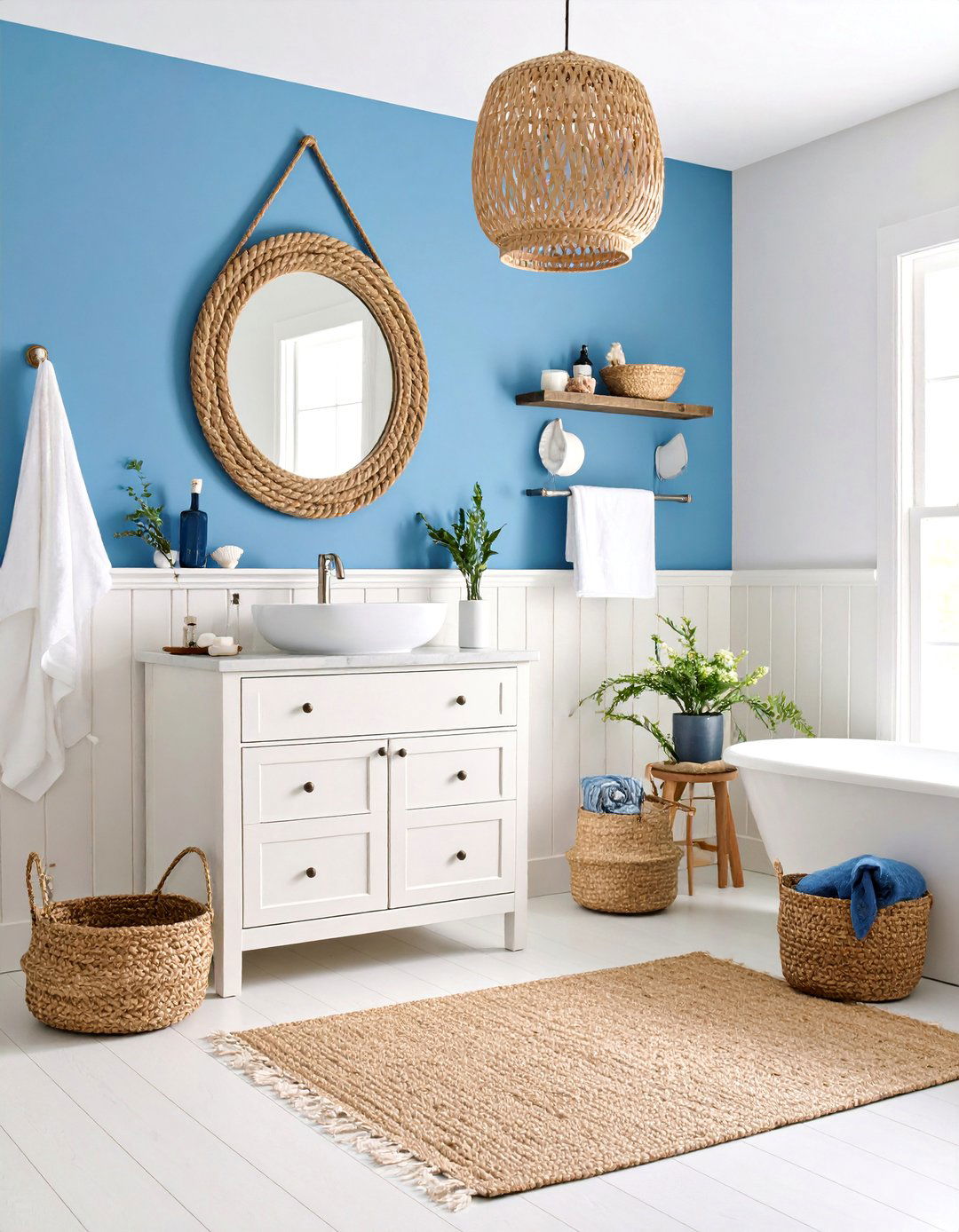 Light Blue Powder Room with Coastal Elements - 25 Blue Accent Wall Ideas