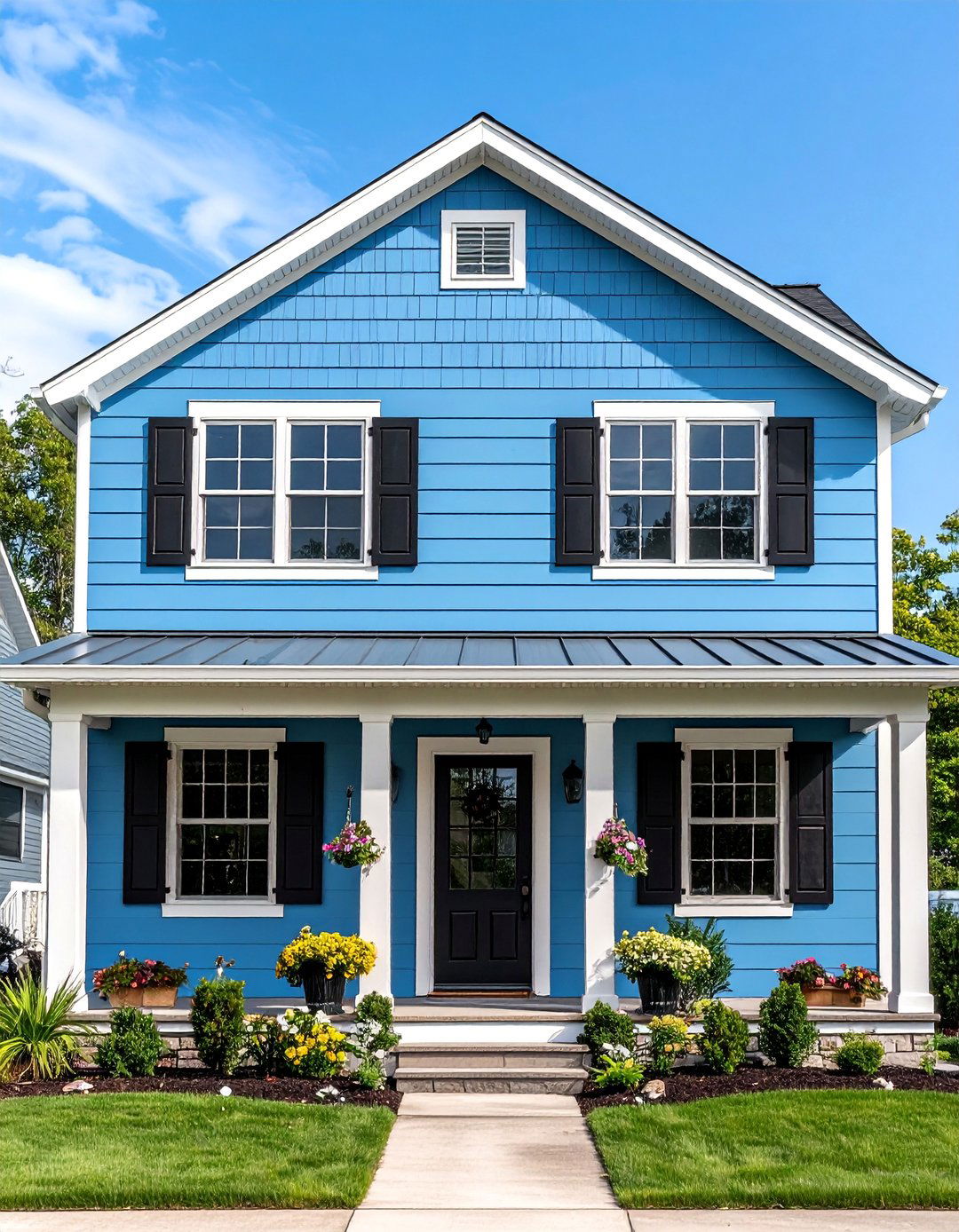 Light Blue Ranch with Black Shutters - 25 Blue House With Black Trim Ideas