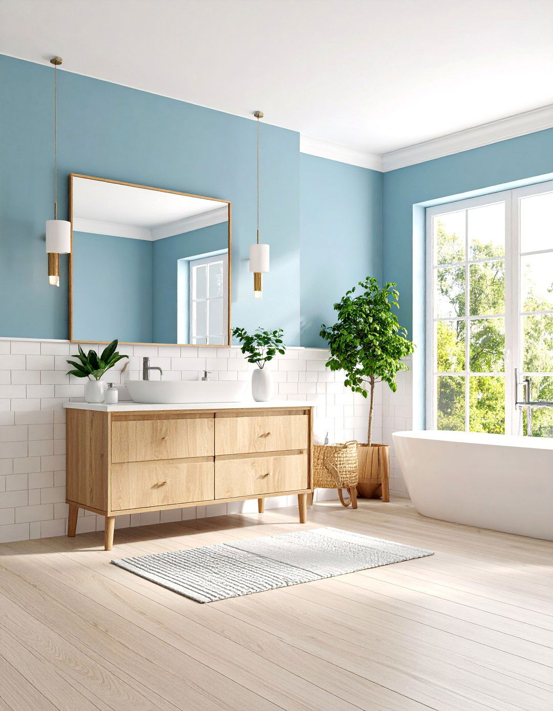 Light Blue Scandinavian Powder Room with Natural Wood - 25 blue powder room ideas