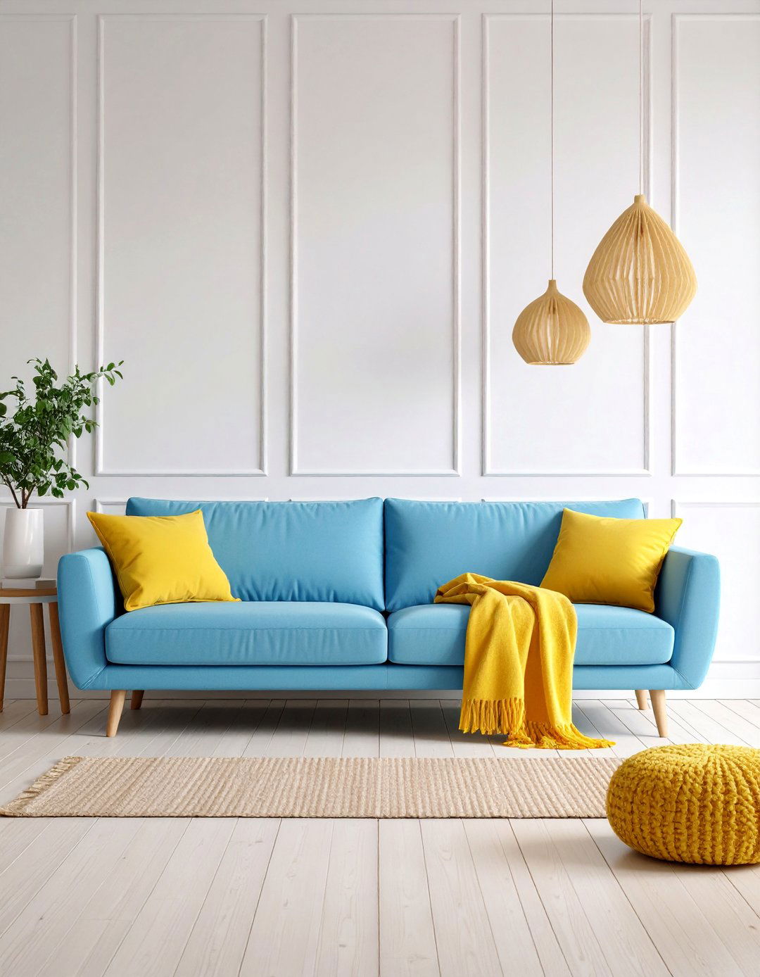 Light Blue Sofa with Golden Yellow Throw Blankets - 25 Yellow and Blue Living Room Ideas