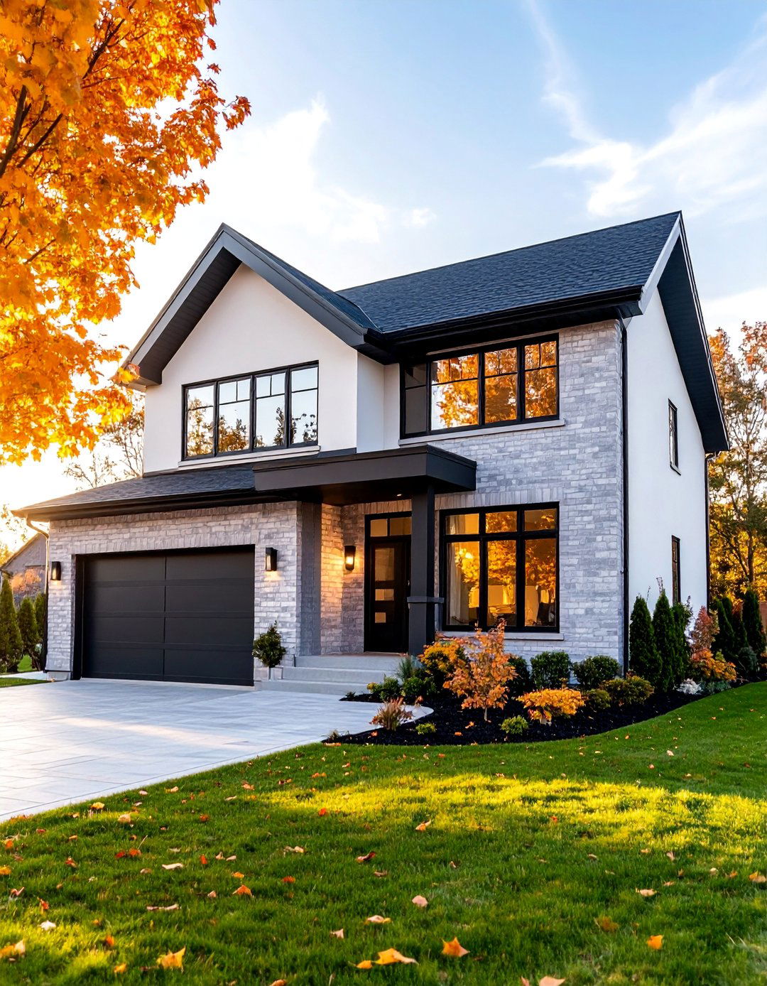 Light Gray Brick with Black Window Frames - 25 Exterior Brick and Paint Color Combinations