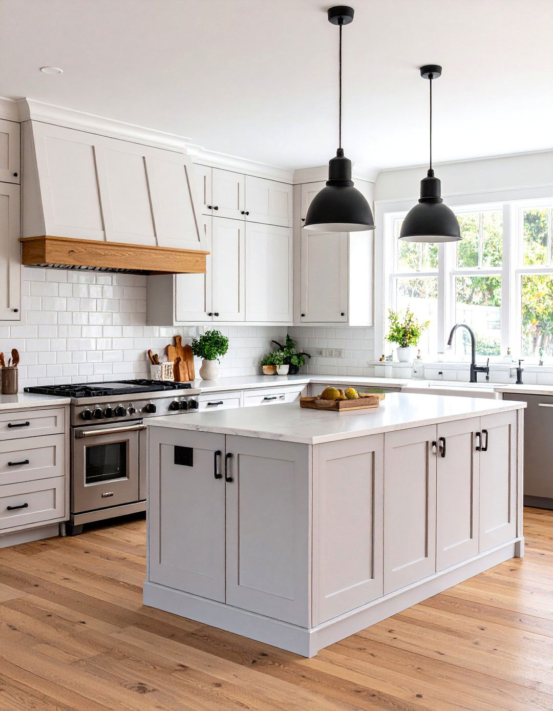 Light Gray Cabinets with Black Hardware and White Backsplash - 25 Farmhouse Kitchen With Gray Cabinets Ideas