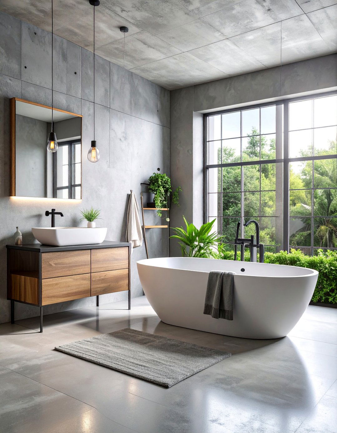 Light Gray Industrial Bathroom with Concrete Features - 25 Neutral Bathroom Ideas