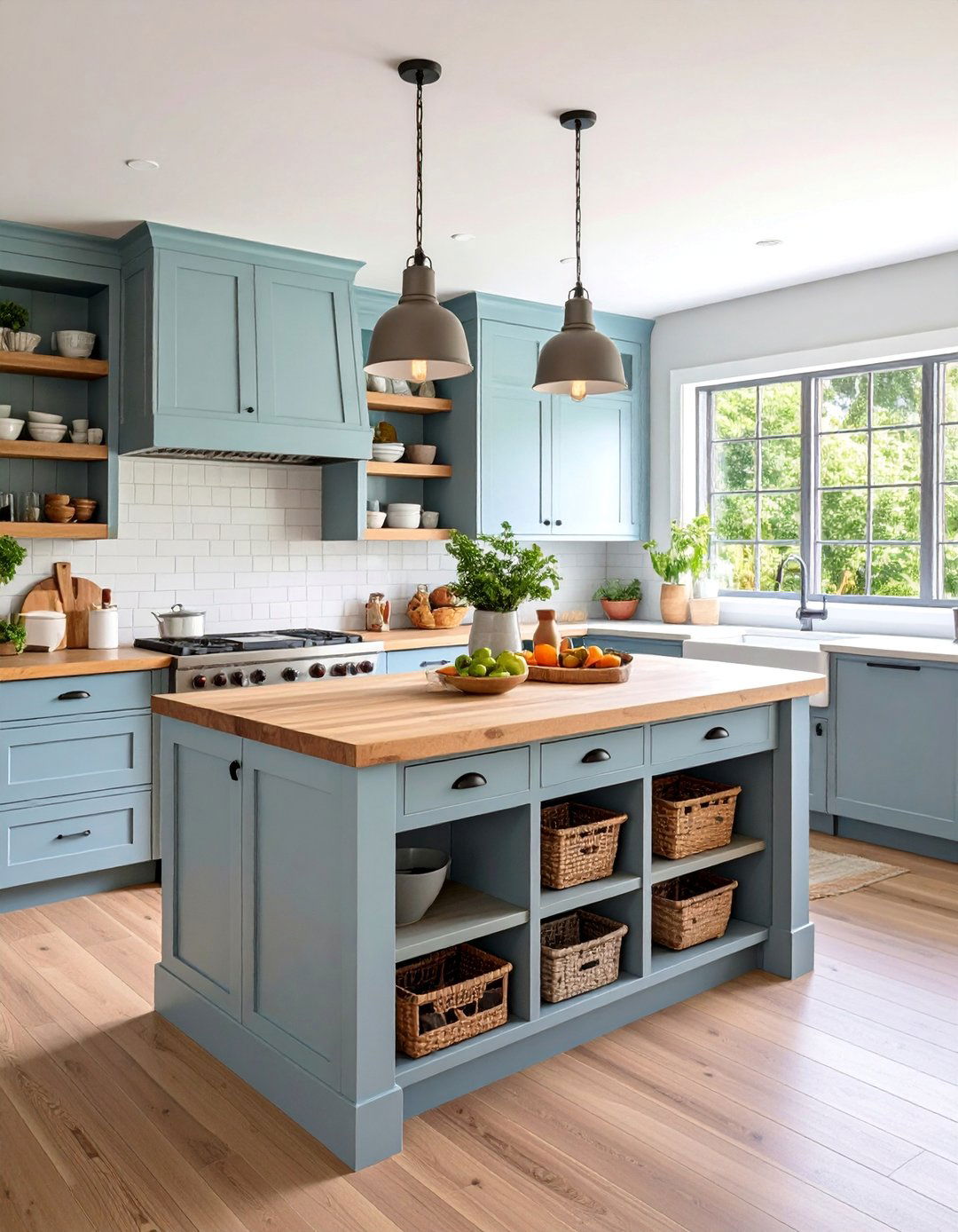 Light Gray Shiplap Island with Butcher Block and Storage Cubbies - 25 Kitchen Shiplap Ideas With Kitchen Island Ideas