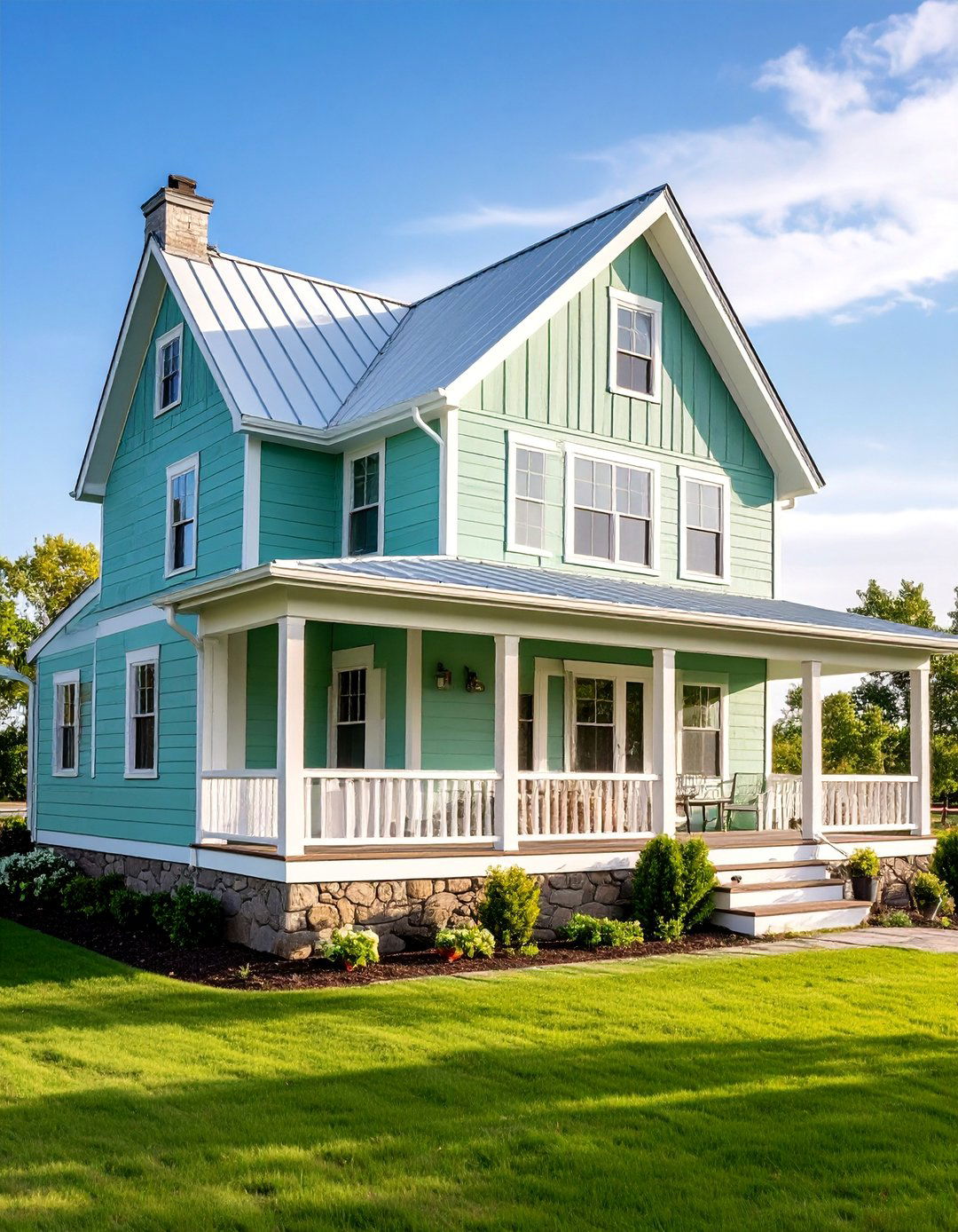 Light Green Farmhouse with Stone Foundation - 25 Light Green House Exterior Ideas