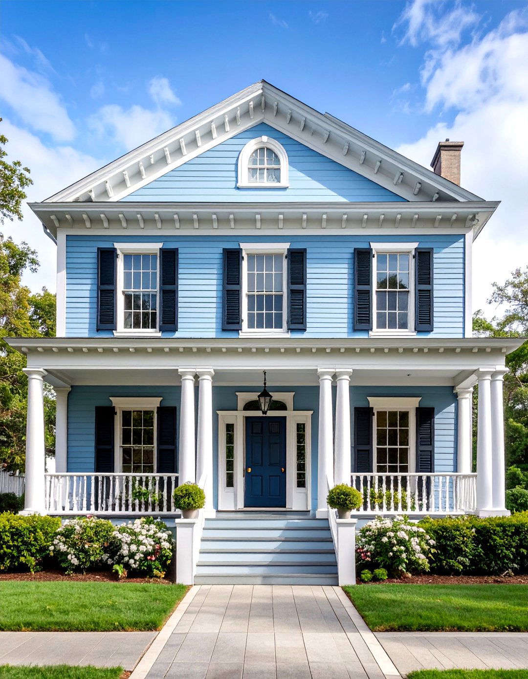 Light Grey Colonial with Classic White Trim - 25 Light Grey House With White Trim Design Ideas