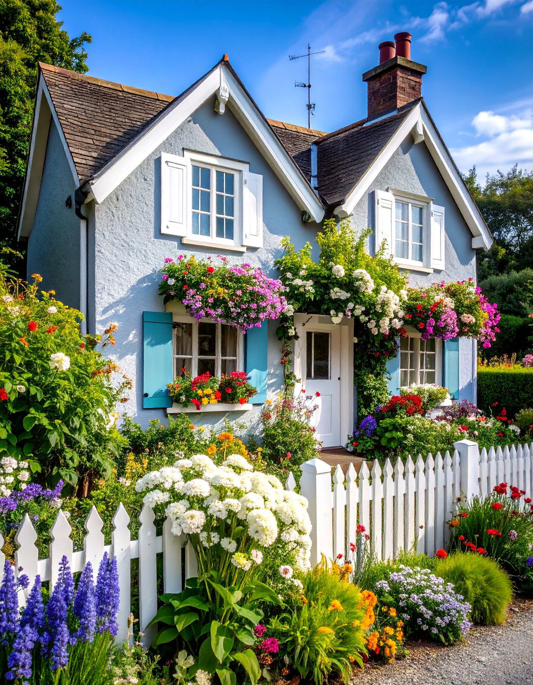 Light Grey Cottage with Whimsical White Details - 25 Light Grey House With White Trim Design Ideas