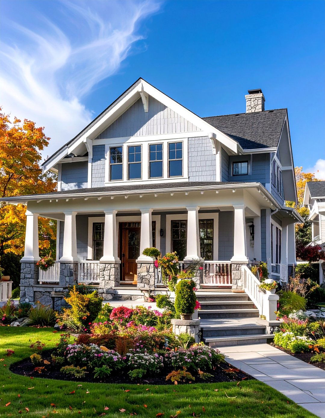 Light Grey Craftsman with White Column Details - 25 Light Grey House With White Trim Design Ideas