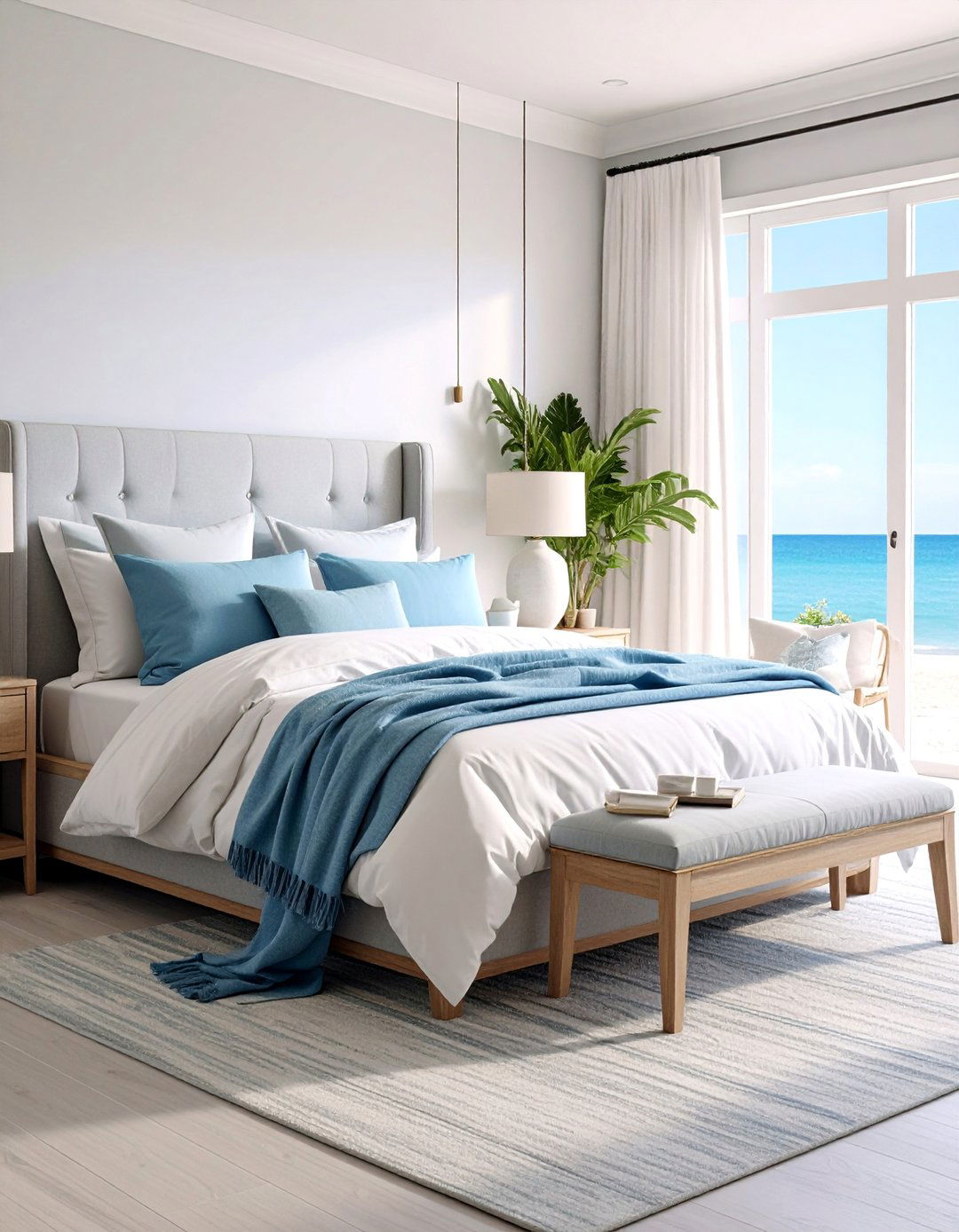 Light Grey Headboard with Coastal Blue and White Theme - 25 Grey Headboard Bedroom Ideas